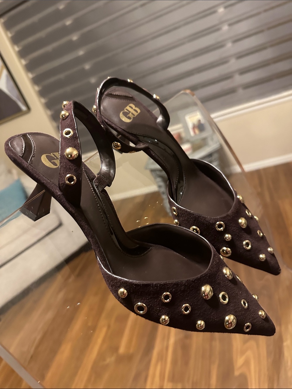 GB Brown Pointed Toe Slingback Heels with Gold Studs